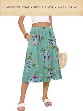 Flowy Midi Skirt with Elastic High Waist and Pockets Pleated A-Line